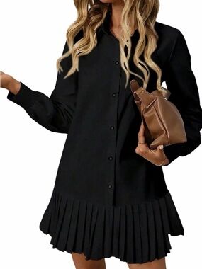 Black Pleated Hem Shirt Dress - Women